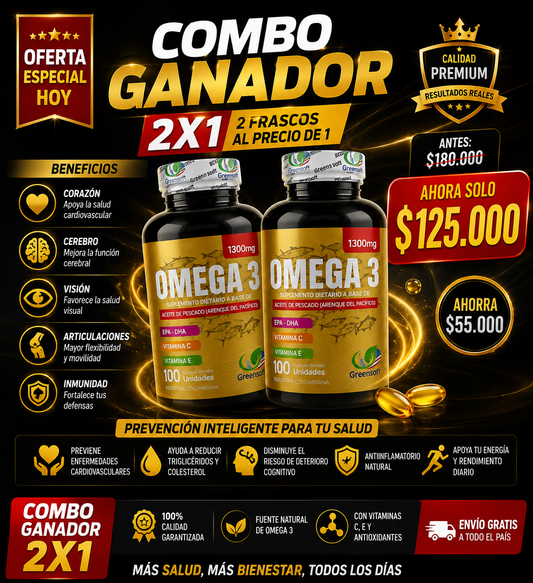 Combo Omega 3 1300mg x 2 Frascos — Cuida tu corazón, mente y articulaciones | INVIMA